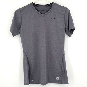 Nike Pro Medium 8-10 Gray black trim logo v neck short sleeve running shirt